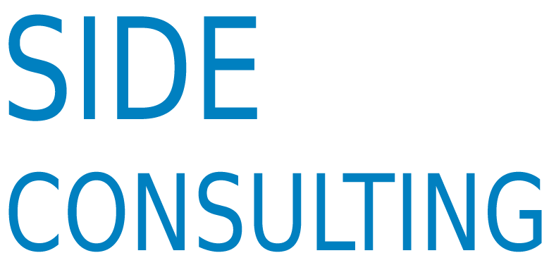 Logo della società SIDE Consulting costituito da una una figura tagliata a metà con elementi di colore azzurro che riproducono la forma di una goccia e di una fiamma